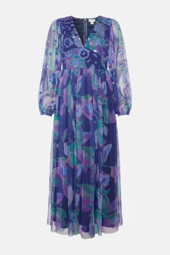 Outlet Oasis Petite Sequin Watercolour Mesh Midi Dress Navy
