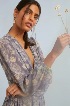 Fashion Oasis Petite Sketchy Floral Ruched Button Maxi Dress Vintage Blue