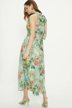Fashion Oasis Petite Soft Floral Satin Burnout Halter Midi Dress Sage