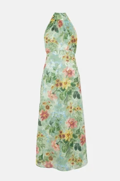 Fashion Oasis Petite Soft Floral Satin Burnout Halter Midi Dress Sage