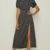 Clearance Oasis Petite Spot Ruched Puff Sleeve Midi Dress Mono