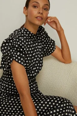 Clearance Oasis Petite Spot Ruched Puff Sleeve Midi Dress Mono