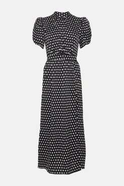 Clearance Oasis Petite Spot Ruched Puff Sleeve Midi Dress Mono