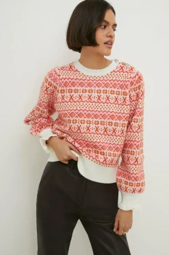 Fashion Oasis Petite Statement Button Fairisle Jumper Pink