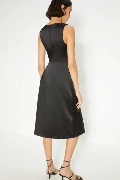 Fashion Oasis Petite Stretch Satin Twist Detail Midi Dress Black