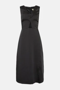 Fashion Oasis Petite Stretch Satin Twist Detail Midi Dress Black