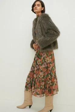 Outlet Oasis Petite Stripe Faux Fur Collarless Coat Grey