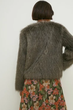 Outlet Oasis Petite Stripe Faux Fur Collarless Coat Grey