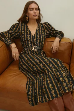 Outlet Oasis Petite Stripe Floral Wrap Midi Dress Black