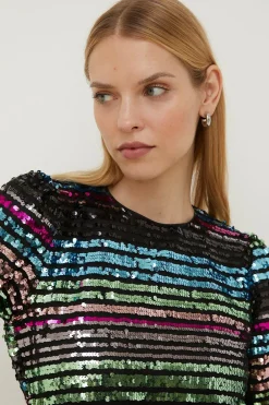 Clearance Oasis Petite Stripe Sequin Puff Sleeve Shift Dress Multi