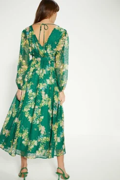 Online Oasis Petite Swirly Floral Metallic Button Maxi Dress Green