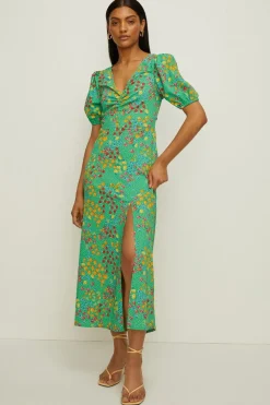 New Oasis Petite Textured Floral Tie Back Midi Dress Green