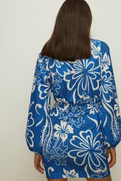Outlet Oasis Petite Textured Floral Tie Front Mini Dress Blue