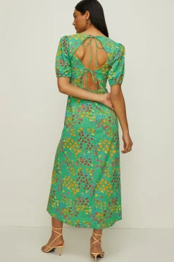 New Oasis Petite Textured Floral Tie Back Midi Dress Green