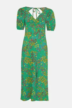 New Oasis Petite Textured Floral Tie Back Midi Dress Green