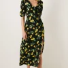 New Oasis Petite Textured Fruit Tie Front Midi Dress Black