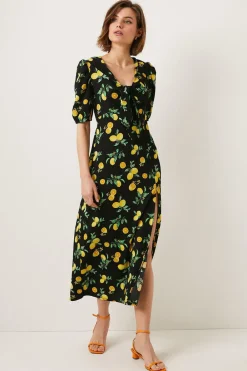 New Oasis Petite Textured Fruit Tie Front Midi Dress Black
