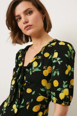 New Oasis Petite Textured Fruit Tie Front Midi Dress Black