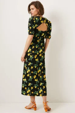 New Oasis Petite Textured Fruit Tie Front Midi Dress Black