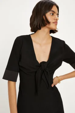 Outlet Oasis Petite Tie Front Crepe Satin Trim Mini Dress Black
