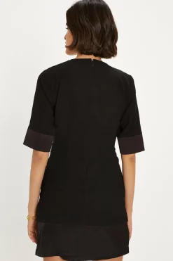 Outlet Oasis Petite Tie Front Crepe Satin Trim Mini Dress Black
