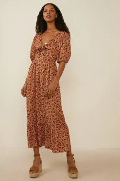 New Oasis Petite Tie Front Cut Out Back Midi Dress Nude