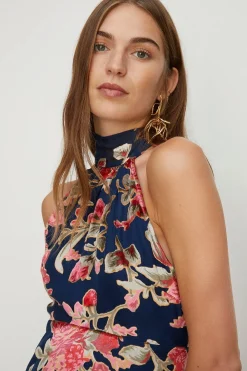 Hot Oasis Petite Tie Halterneck Floral Devore Dress Navy
