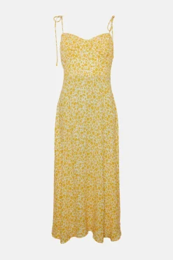 Fashion Oasis Petite Tie Shoulder Ditsy Pleat Bust Dress Yellow