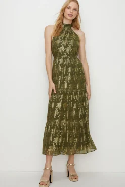Fashion Oasis Petite Tiered Halter Neck Metallic Dress Khaki