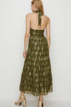 Fashion Oasis Petite Tiered Halter Neck Metallic Dress Khaki