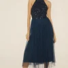 Sale Oasis Petite Tonal Sequin Halterneck Midi Dress Navy