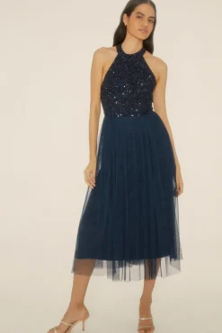Sale Oasis Petite Tonal Sequin Halterneck Midi Dress Navy