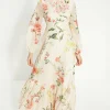 Outlet Oasis Petite Trailing Floral Metallic Balloon Sleeve Dress Ivory