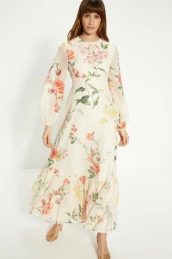 Outlet Oasis Petite Trailing Floral Metallic Balloon Sleeve Dress Ivory