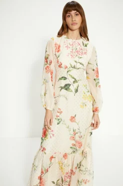 Outlet Oasis Petite Trailing Floral Metallic Balloon Sleeve Dress Ivory