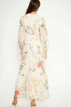 Outlet Oasis Petite Trailing Floral Metallic Balloon Sleeve Dress Ivory