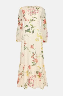 Outlet Oasis Petite Trailing Floral Metallic Balloon Sleeve Dress Ivory