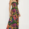 Hot Oasis Petite Tropical Print Crinkled Shirred Maxi Dress Multi