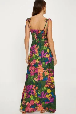 Hot Oasis Petite Tropical Print Crinkled Shirred Maxi Dress Multi