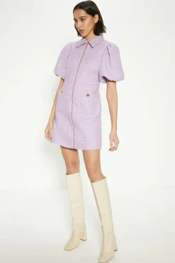 Best Oasis Petite Tweed Puff Sleeve Zip Through Mini Dress Lilac
