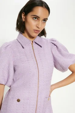 Best Oasis Petite Tweed Puff Sleeve Zip Through Mini Dress Lilac