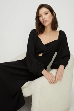 Hot Oasis Petite Twist Front Bardot Crepe Midi Dress Black