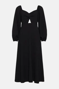 Hot Oasis Petite Twist Front Bardot Crepe Midi Dress Black