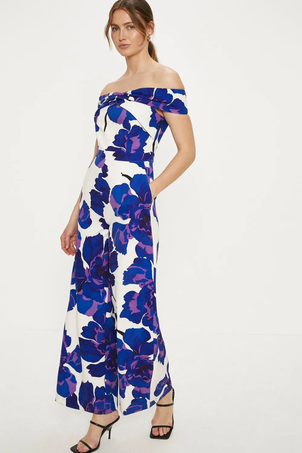 Outlet Oasis Petite Twist Front Floral Crepe Jumpsuit Ivory