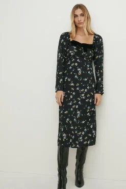 Best Oasis Petite Velvet Bow Ditsy Printed Midi Dress Black