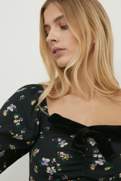 Best Oasis Petite Velvet Bow Ditsy Printed Midi Dress Black