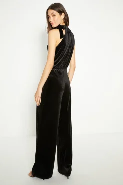 Sale Oasis Petite Velvet High Neck Halter Jumpsuit Black