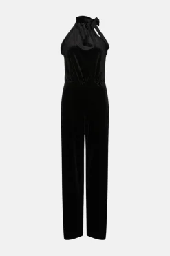 Sale Oasis Petite Velvet High Neck Halter Jumpsuit Black