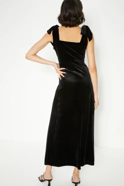 Hot Oasis Petite Velvet Tie Shoulder Dress Black
