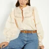 New Oasis Pintuck Ruffle Yoke Button Through Blouse Beige